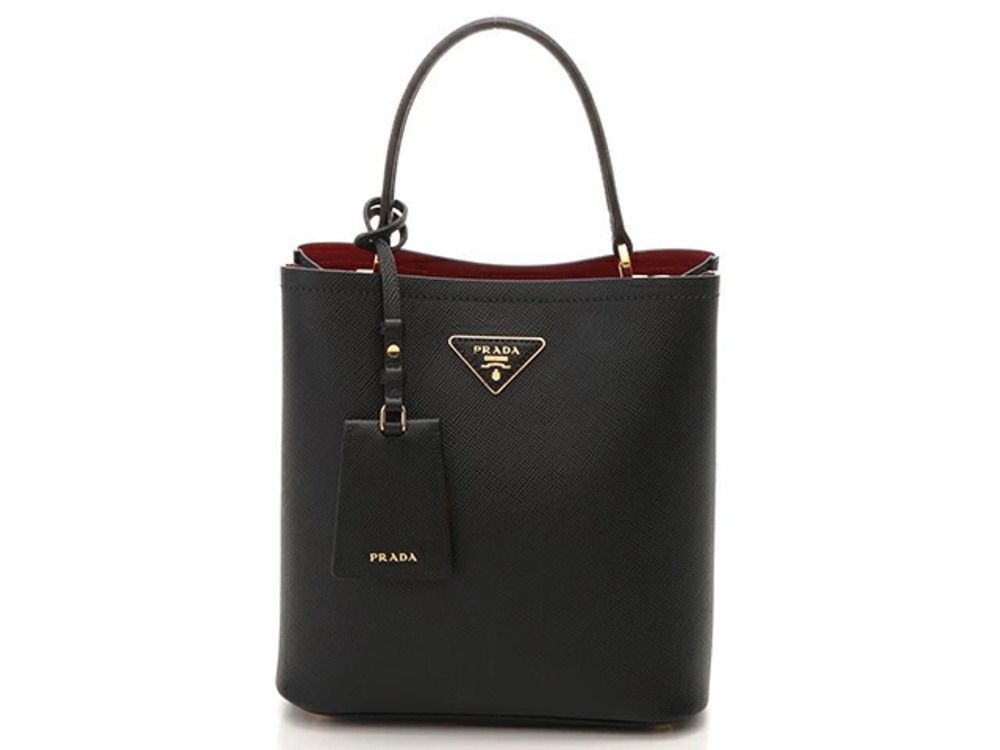 Prada Bag Shoulder Panier Saffiano Leather Black Red Calfskin